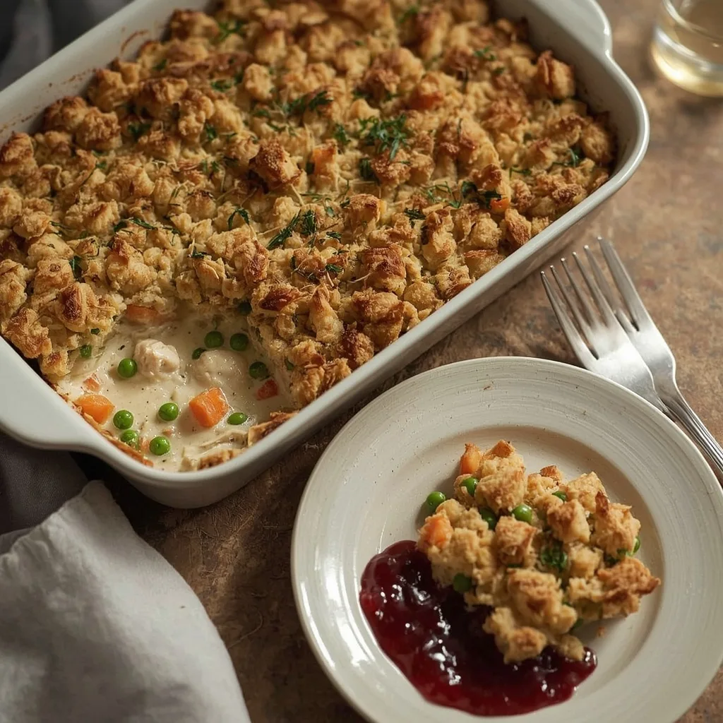 Turkey stuffing casserole with golden stuffing topping and cranberry sauce