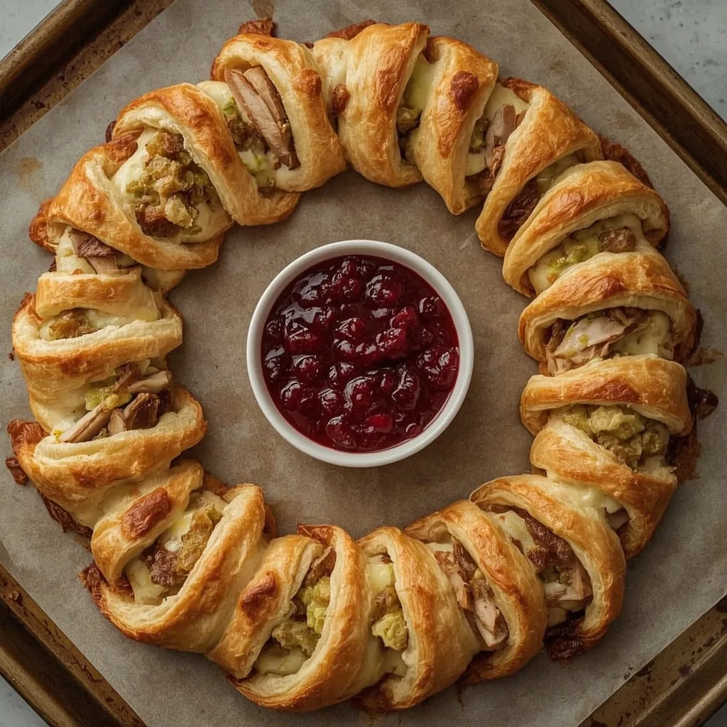 Turkey and stuffing crescent ring with cranberry sauce in the center