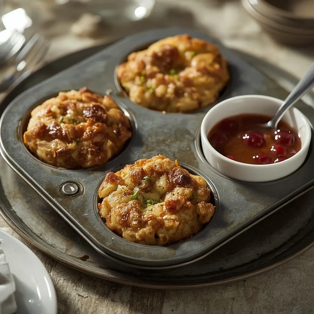 Stuffing cups filled with turkey, gravy and cranberry sauce