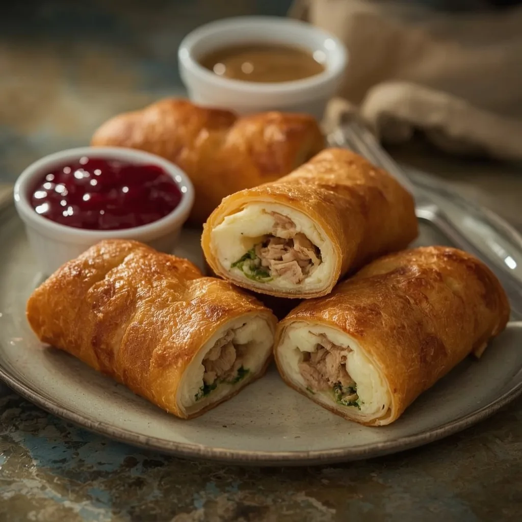 Turkey and stuffing egg rolls with cranberry sauce and gravy for dipping