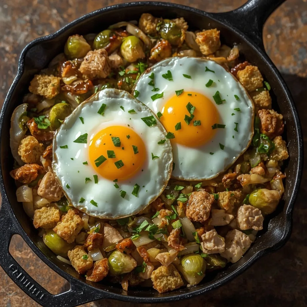 Crispy turkey and stuffing hash with Brussels sprouts and fried eggs