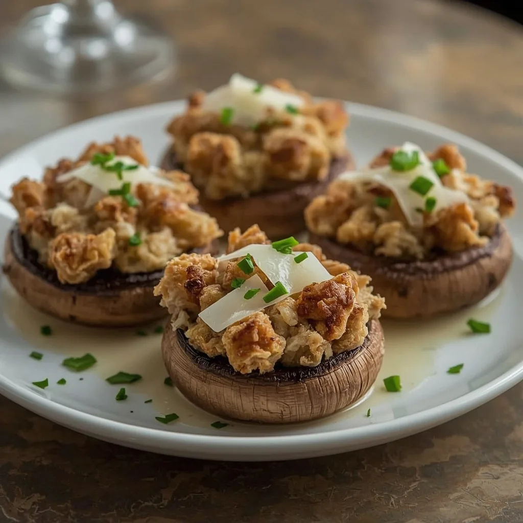 Mushrooms stuffed with turkey, stuffing and Parmesan