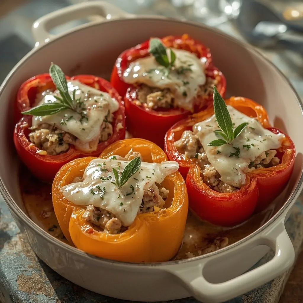 Bell peppers stuffed with turkey and stuffing topped with melted cheese
