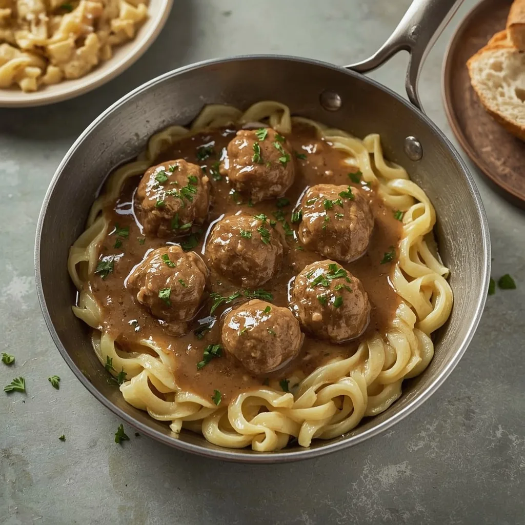 Turkey Swedish meatballs in creamy gravy over noodles