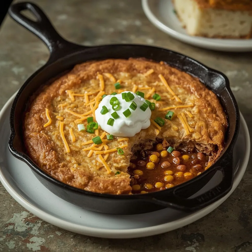 Turkey tamale pie with cornmeal crust in a cast-iron skillet