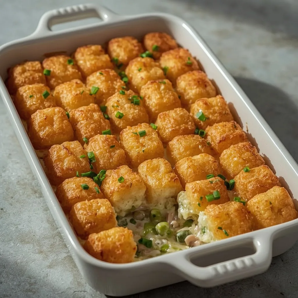 Turkey tater tot casserole with crispy tots over a creamy turkey and green bean filling