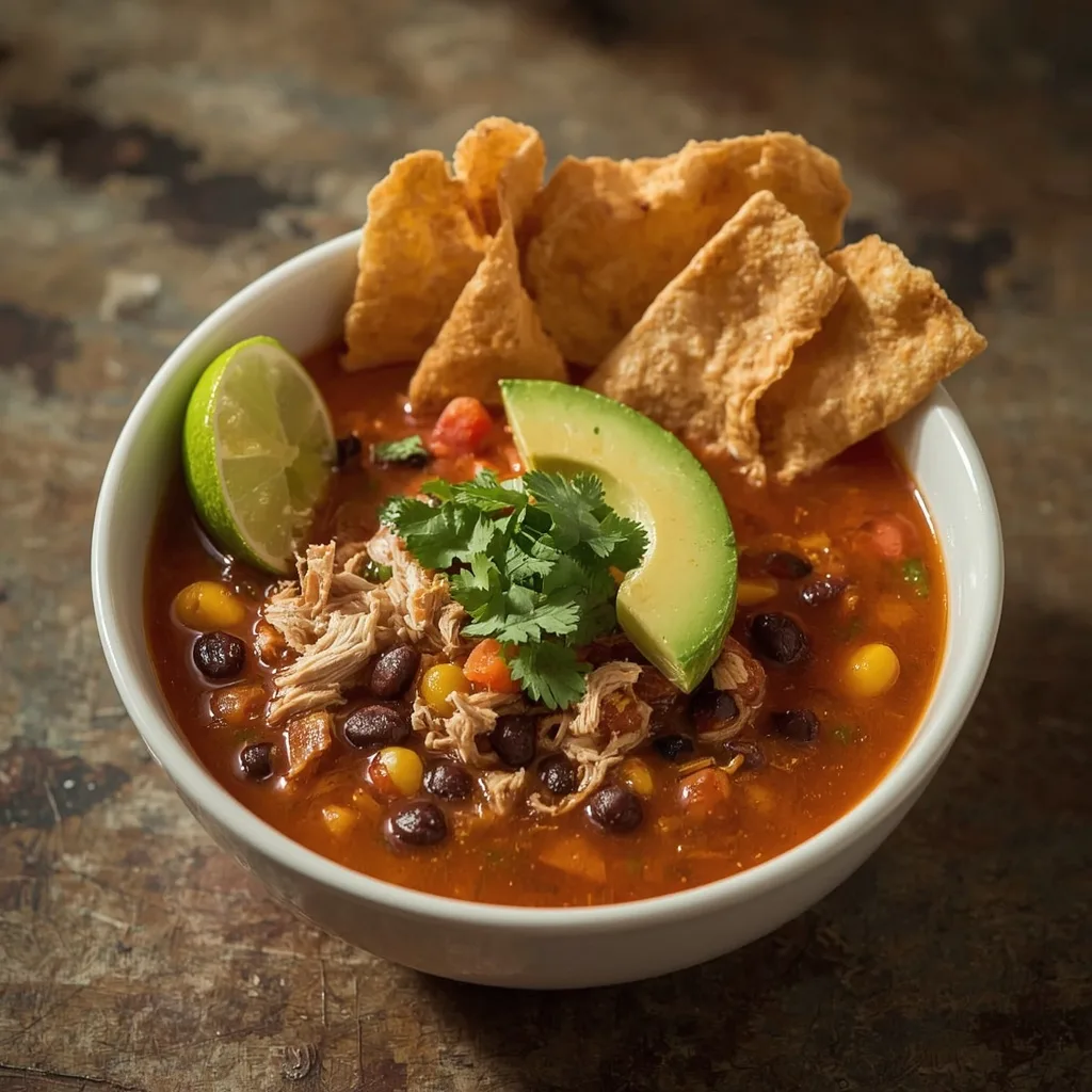 Turkey tortilla soup topped with tortilla strips, avocado, cilantro and lime