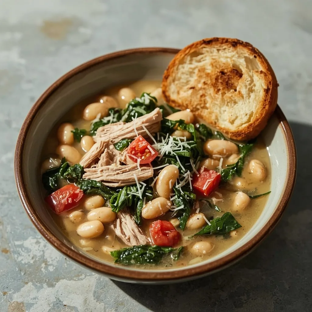 Turkey white bean and kale soup topped with Parmesan beside toasted bread