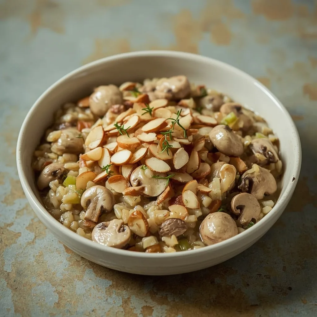 Turkey and wild rice casserole with mushrooms topped with toasted almonds