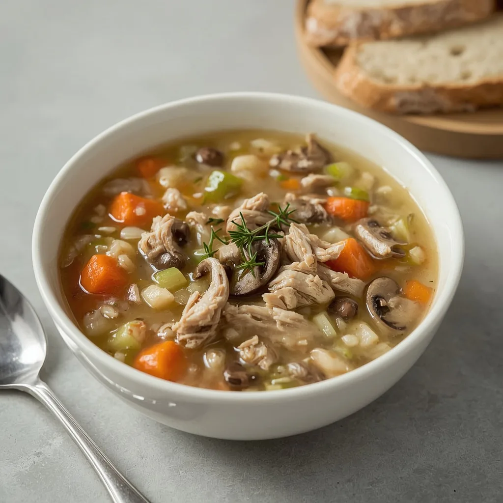 Creamy turkey wild rice soup with carrots, celery and mushrooms in a white bowl