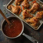 Turkey Wing Gravy in a saucepan beside a sheet pan of roasted turkey wings