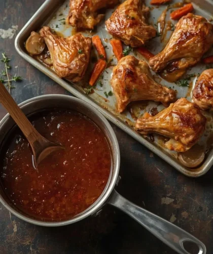 Turkey Wing Gravy in a saucepan beside a sheet pan of roasted turkey wings