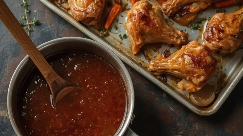 Turkey Wing Gravy in a saucepan beside a sheet pan of roasted turkey wings