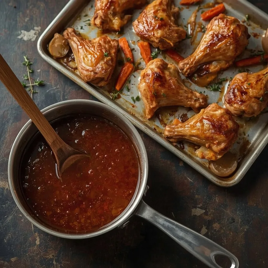 Turkey Wing Gravy in a saucepan beside a sheet pan of roasted turkey wings