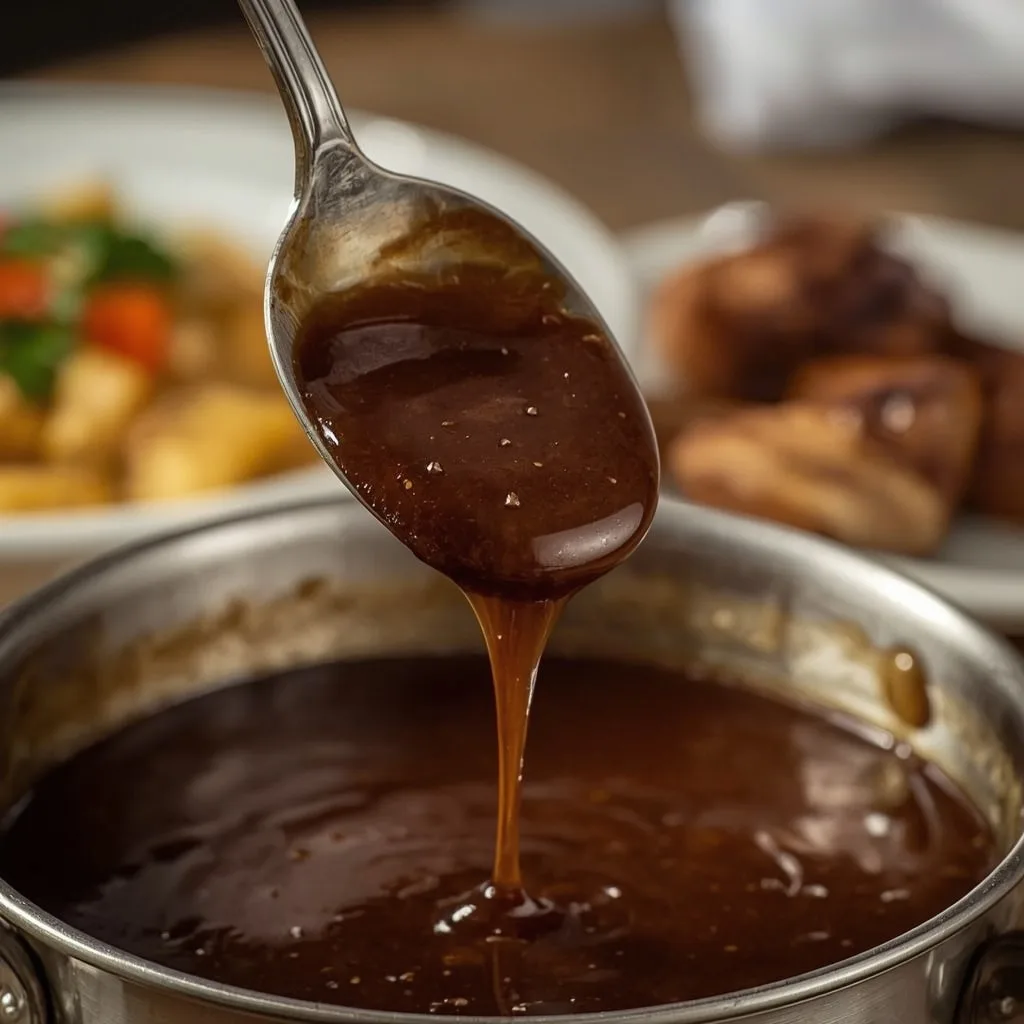 Spoon coated in thick, glossy turkey wing gravy