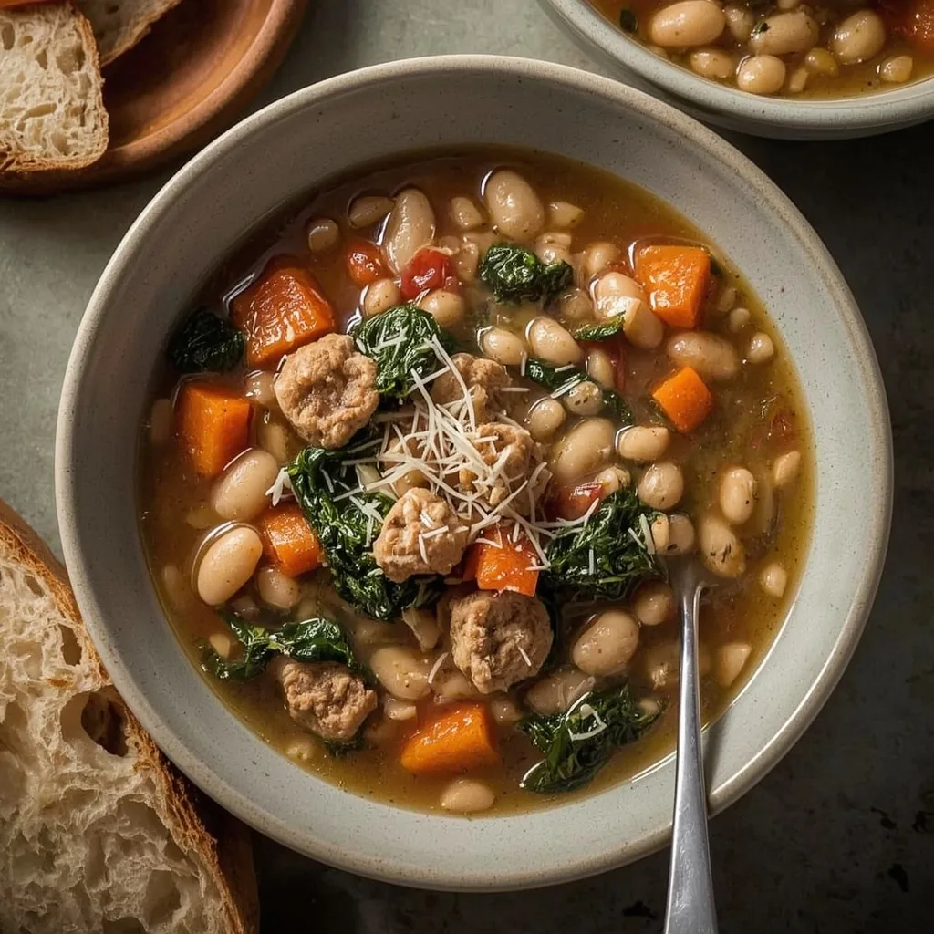 Tuscan white bean and kale soup with chicken sausage and Parmesan