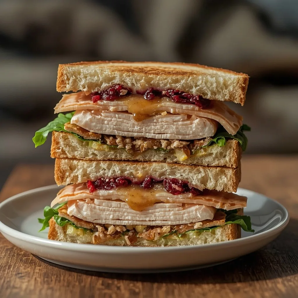 Ultimate Thanksgiving leftover sandwich with turkey, stuffing and cranberry sauce
