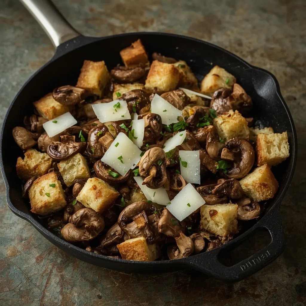 Wild mushroom and Parmesan stuffing in a skillet