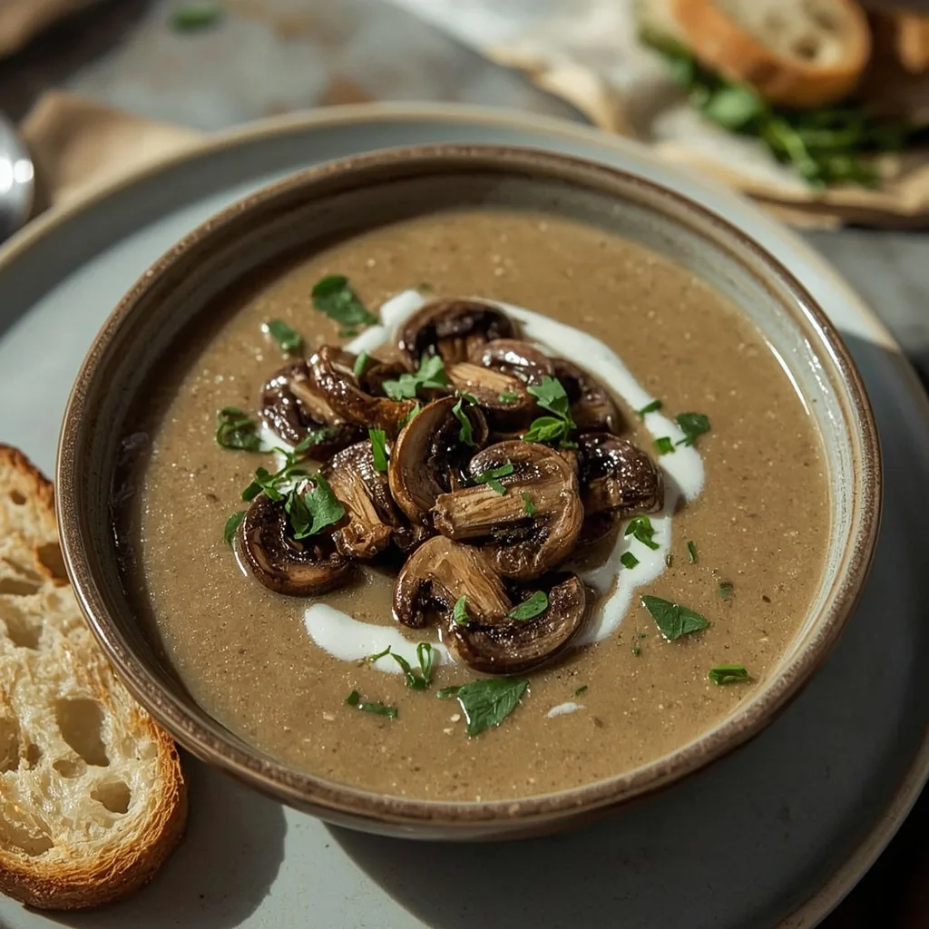 Creamy wild mushroom soup topped with seared mushrooms and thyme